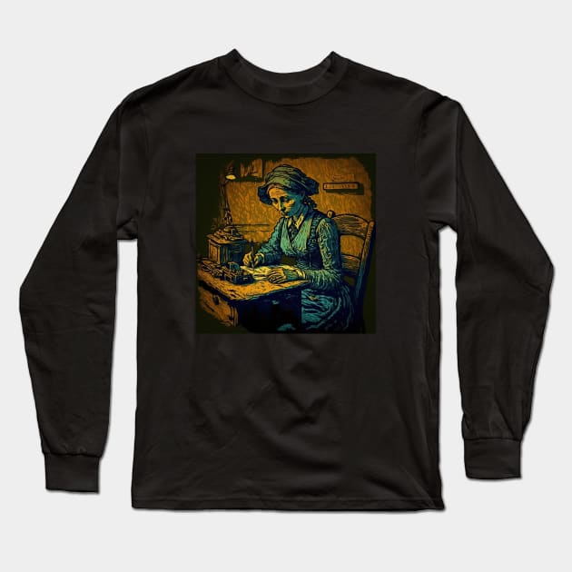 Van Gogh-style illustration of a woman sitting at a table Long Sleeve T-Shirt by KOTYA